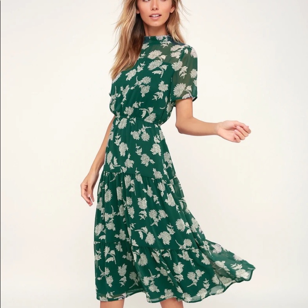 Lulus - Floral Dressed Up Dark Green Floral Print Midi Dress - Size S - Small